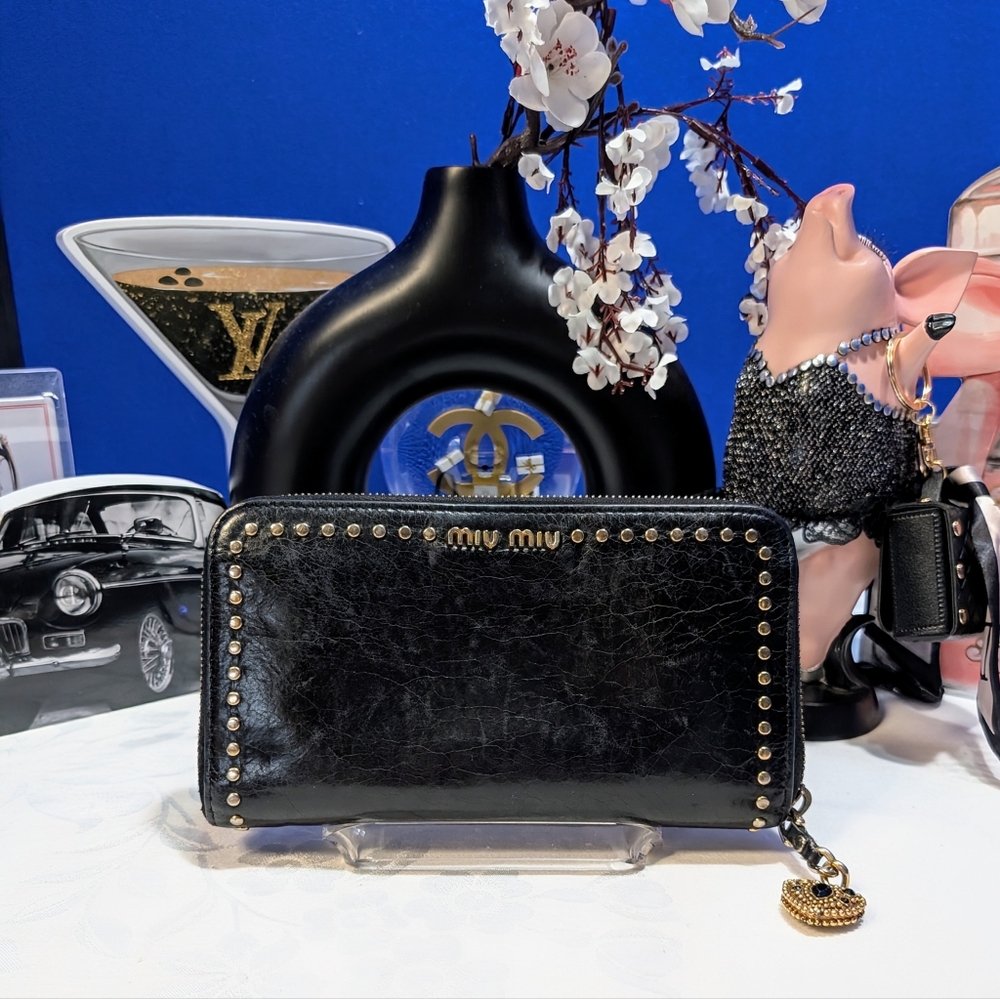 Miu Miu Black Crinkled Leather Wallet With Gold Studs And Gold Zipper Pull🔥